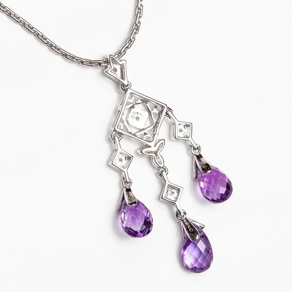 14K White Gold Amethyst Chandelier Necklace With Diamond Accents